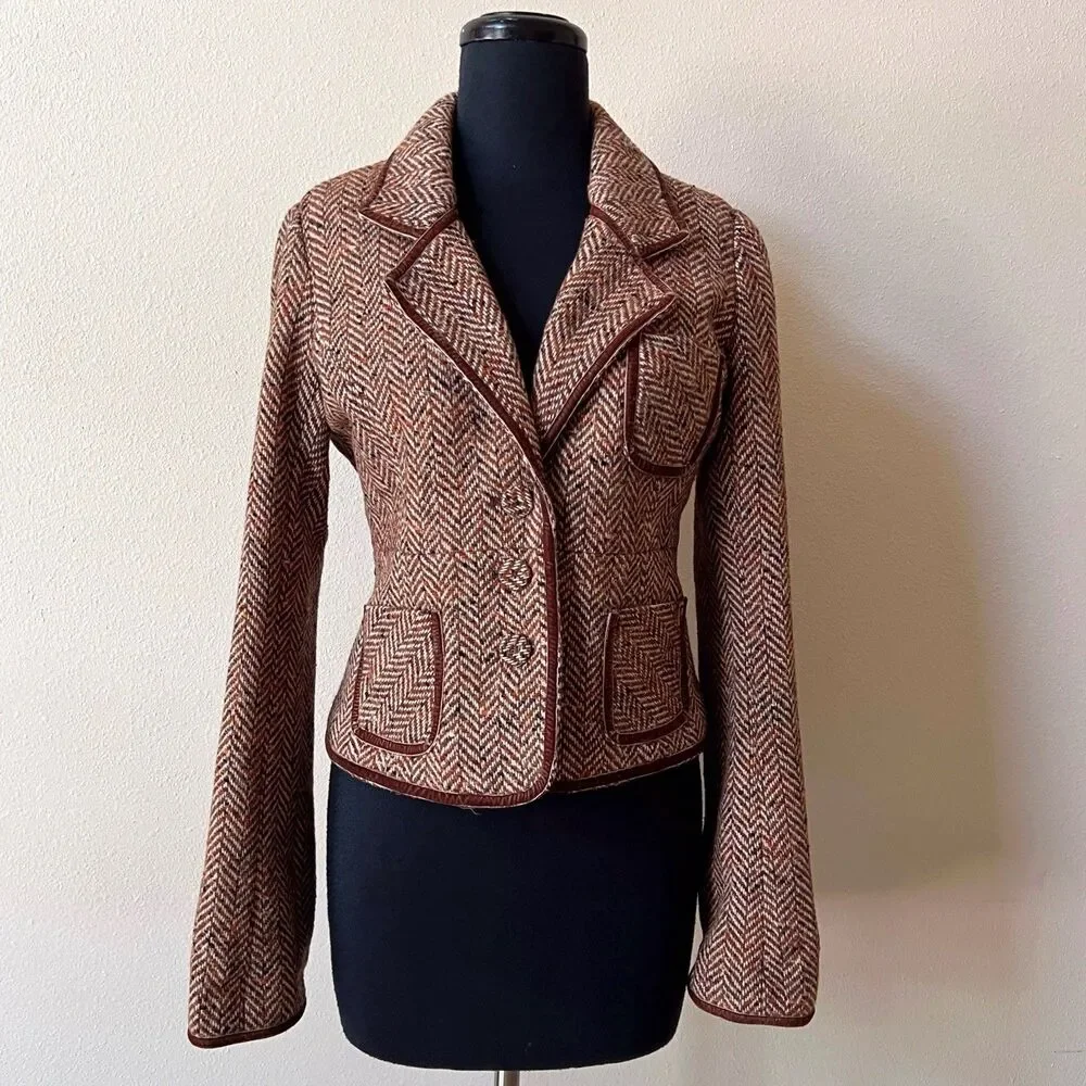 Vintage Abercrombie and Fitch Wool Herringbone Blazer M Velvet Trim Y2K Academia - Picture 3 of 11